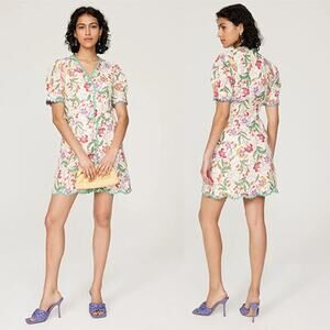 NWT Saloni Marlee Printed Linen Short Puff Sleeves Mini Dress Red Green Size: 10